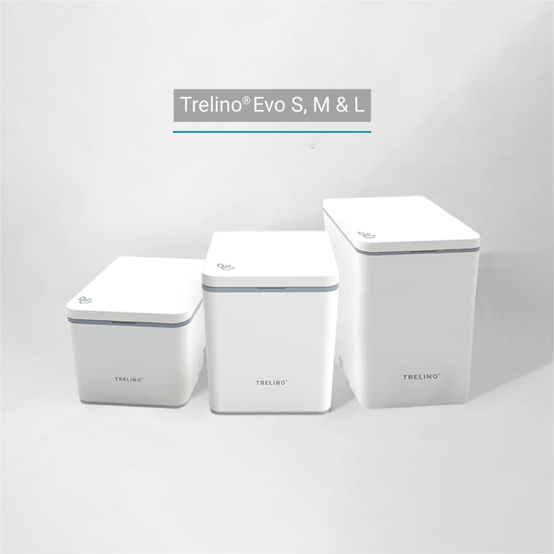 Drei weiße Trellino Evo S, M und L Boxen.